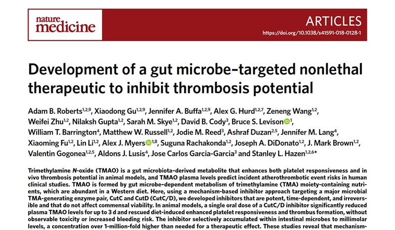 screenshot of an article about Development of a gut microbe-targeted nonlethal therapeutic to inhibit thrombosis potential